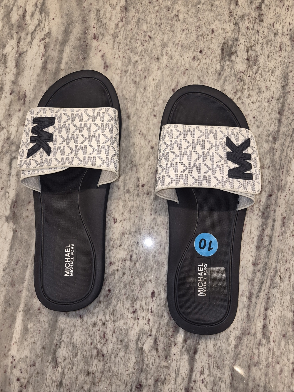 Michael Kors Womens White and Black MK Logo Slide Sandals